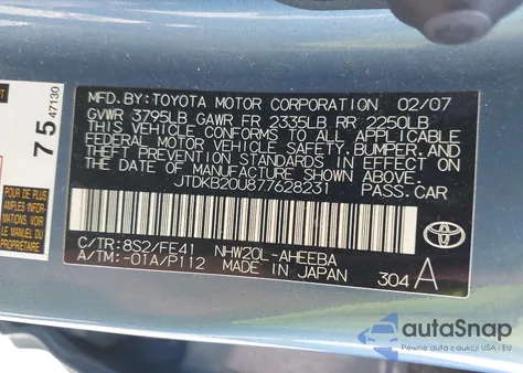 2007 Toyota Prius Touring z USA, uszkodzony, nr VIN JTDKB20U877628231